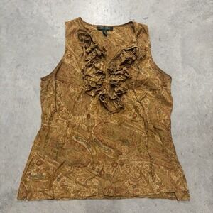 LRL Lauren Ralph Floral Paisley Ruffle V-Neck Sleeveless Tank Top Womens Size 12